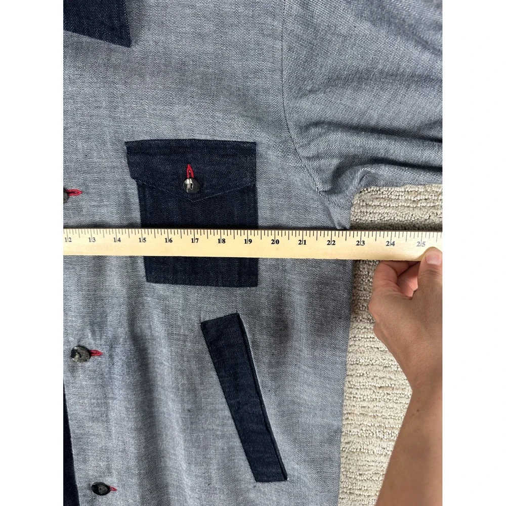 Two Tone Denim Long Coat Blue Grey Colorblock Button Up Duster Jacket